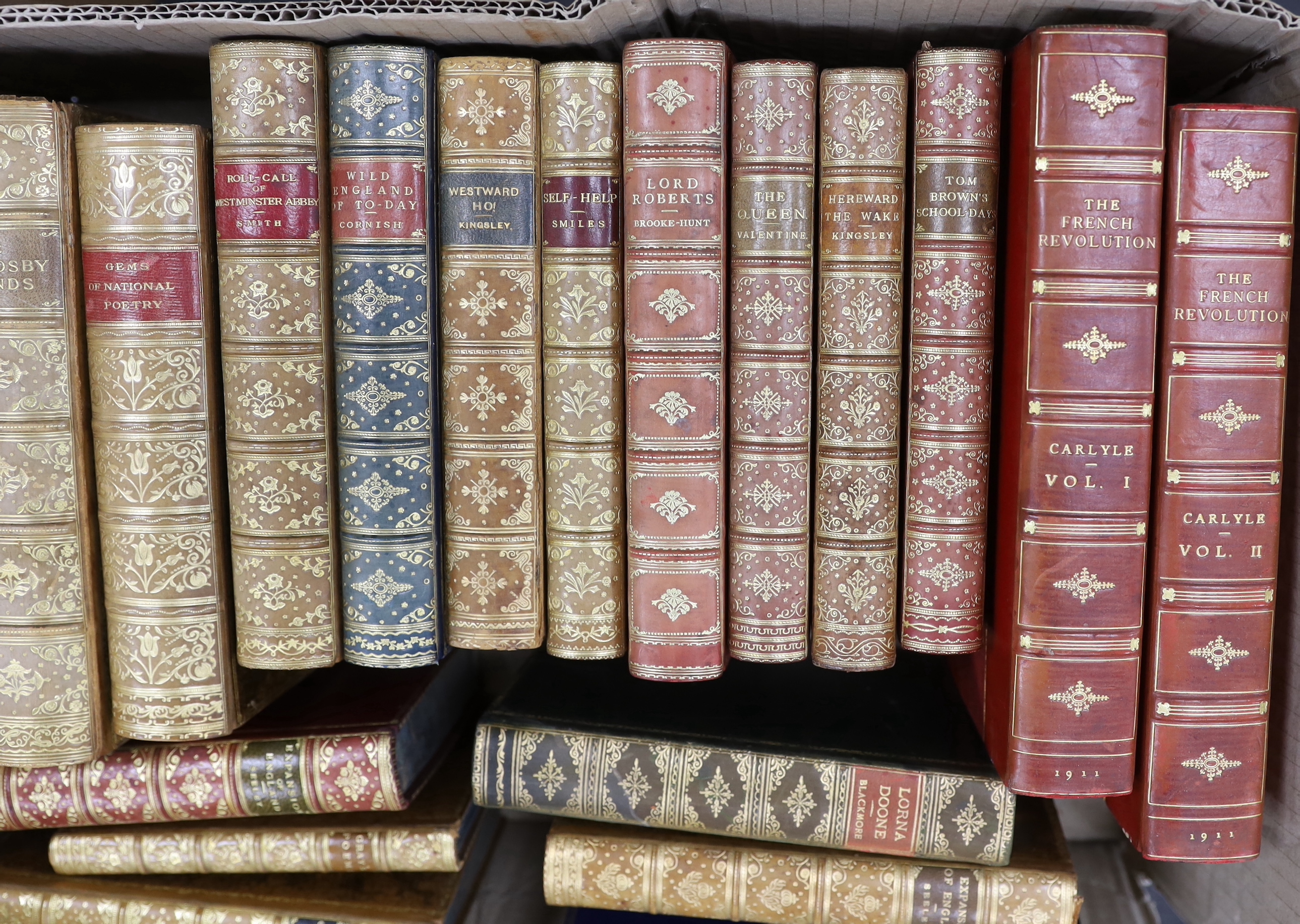 Calf bindings - 19 vols, some prize bindings with gilt armorials, mostly cr. 8vo. later 19th / earlier 20th century (19)